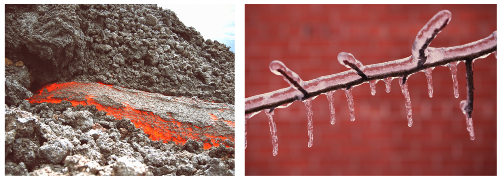 Examples of changing states in nature include molten lava cooling into rock, and water freezing to form ice. 